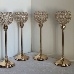 Set Of 4 Gold Candle Holders 14” H