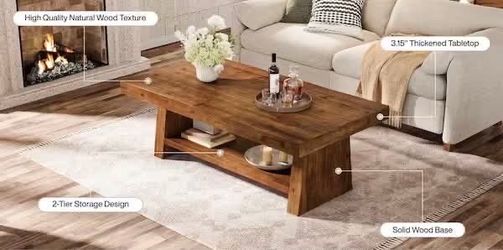 47 in. Brown Rectangle Solid Wood Coffee Table Unique Center Low Cocktail Tea Desk Modern Simple Industrial