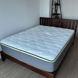 Queen mattress + wood platform bed frame with headboard