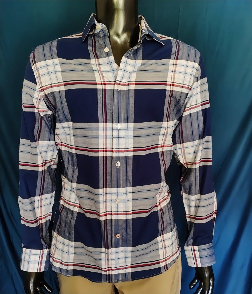 Tommy Hilfiger Button-Down Shirt Men’s Medium Blue Red Plaid Long Sleeve NWOT 