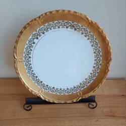 Limoges France Plate Coronet China White Gold Scroll Ribbon Dining