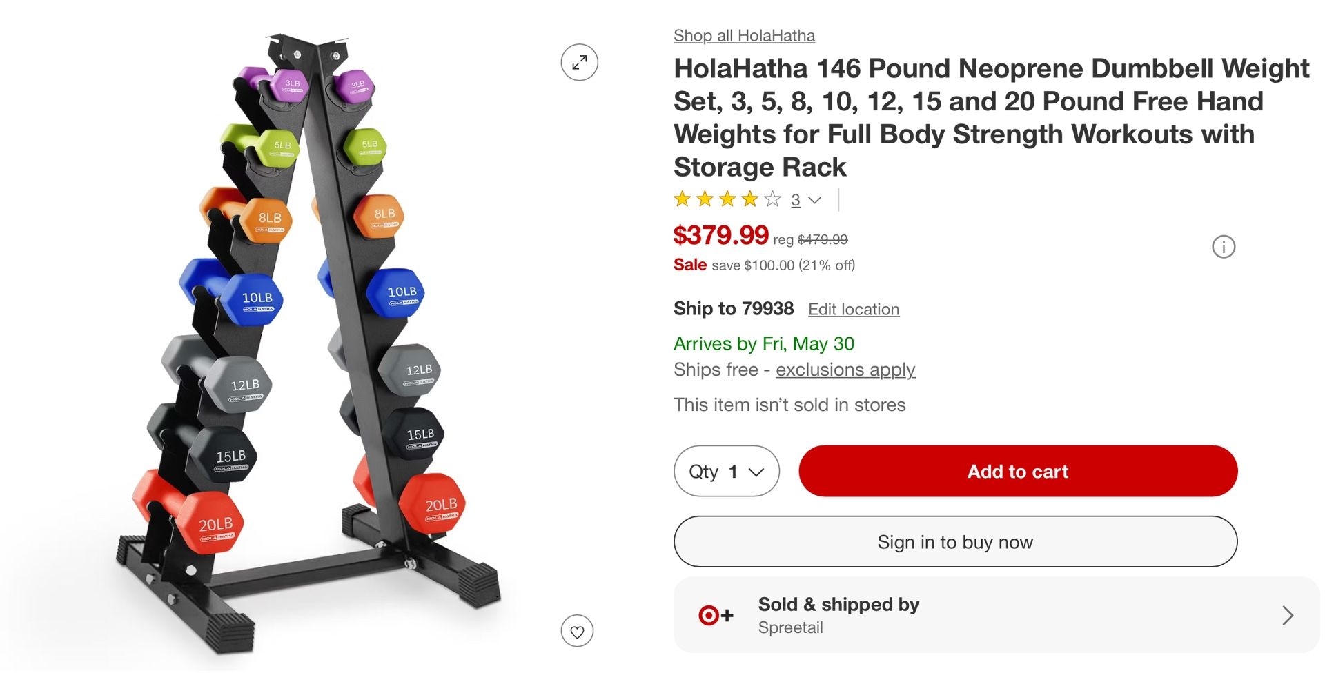 HolaHatha 146 Pound Neoprene Dumbbell Weight Set, 3, 5, 8, 10, 12, 15 and 20 Pound Free Hand Weights for Full Body Strength Workouts with Storage Rack