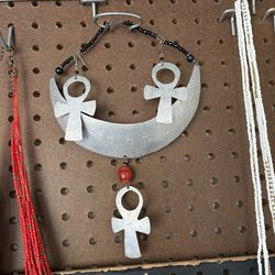 Metal Ankh Choker & Earrings Set