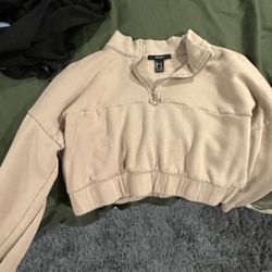 Forever 21 Beige Cropped Zip Up Sweatshirt 