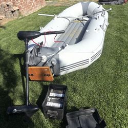 Inflatable Fishing Raft Setup w/ Electric Motor, 2 Batteries,2 Inflatable Seats  & Paddles – Fully Equipped