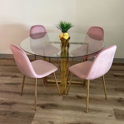 Stylish Barbie Pink Gold Round Kitchen Table Set for 4