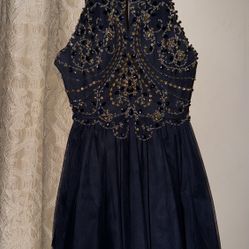 Blondie Nites Beaded Navy Blue Halter Dress