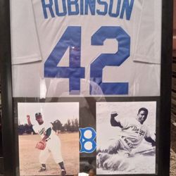 JACKIE ROBINSON OF THE BROOKLYN DODGERS CUSTOM STITCHED FRAMED JERSEY WITH ACTION FIGURE.