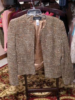 Jones New York Women's Collarless Tweed Blazer Jacket in a Brown Boucle Pattern.