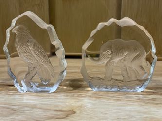 Vintage Crystal Wildlife Paperweights - Eagle & Elephant (Pair)