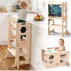 New Sealed-4-in-1 Toddler Kitchen Step Stool, Foldable Learning Standing Tower with Blackboard, Wooden Kitchen Stool Helper for Kids, 1-3 Year Old Boy