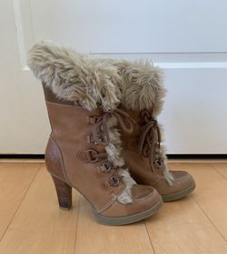 BOOTS - Brown, Fur, Lace-up; 3” heel