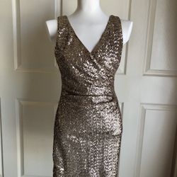 Ralph Lauren Gold Sequin V Neck Cocktail Dress