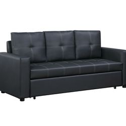 Black Leather Pull Out Sofa Sleeper New 