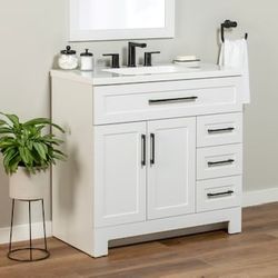 Bathroom Vanity - True White - Single Sink with White Cultured Marble Top 36" - Style Selections - Cauley 