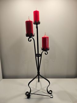 Rustic Blacksmith Styl Wrought Iron Candelabra Candle Holder, 3 Pillar Candles, Gothic/French Country