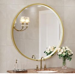 32 Inch LED Gold Frame Round Mirror,Round Bathroom Mirror with Light,Wall Mounted Lighted Vanity Mirror,Anti Fog Design&Dimmable&Touch Switch,Circle M