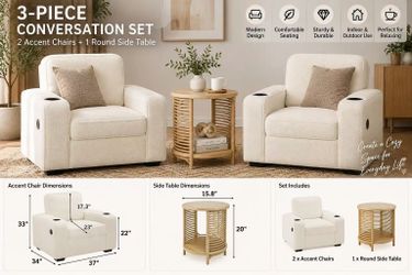 3-Piece Boucle Recliner Chair Set – 2 Chairs + Round Side Table