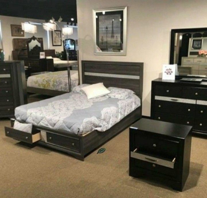 4 PIECES BEDROOM SET (QB, Dresser Mirror Nightstand)