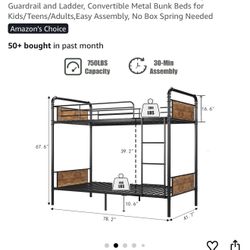 Twin Over Twin Metal Bunk Bed with High Guardrail and Ladder splits into 2 daybeds Convertible 