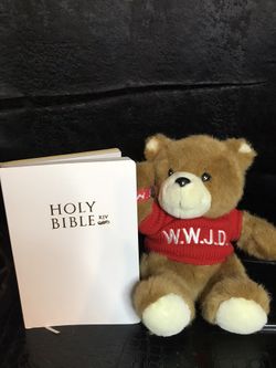 W.W.J.D Plush stuffed bear & Free Gift with purchase White holy Bible! New!!
