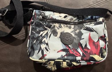 Kipling Yellow Red Floral Black Crossbag Medium Multi Pocket Used