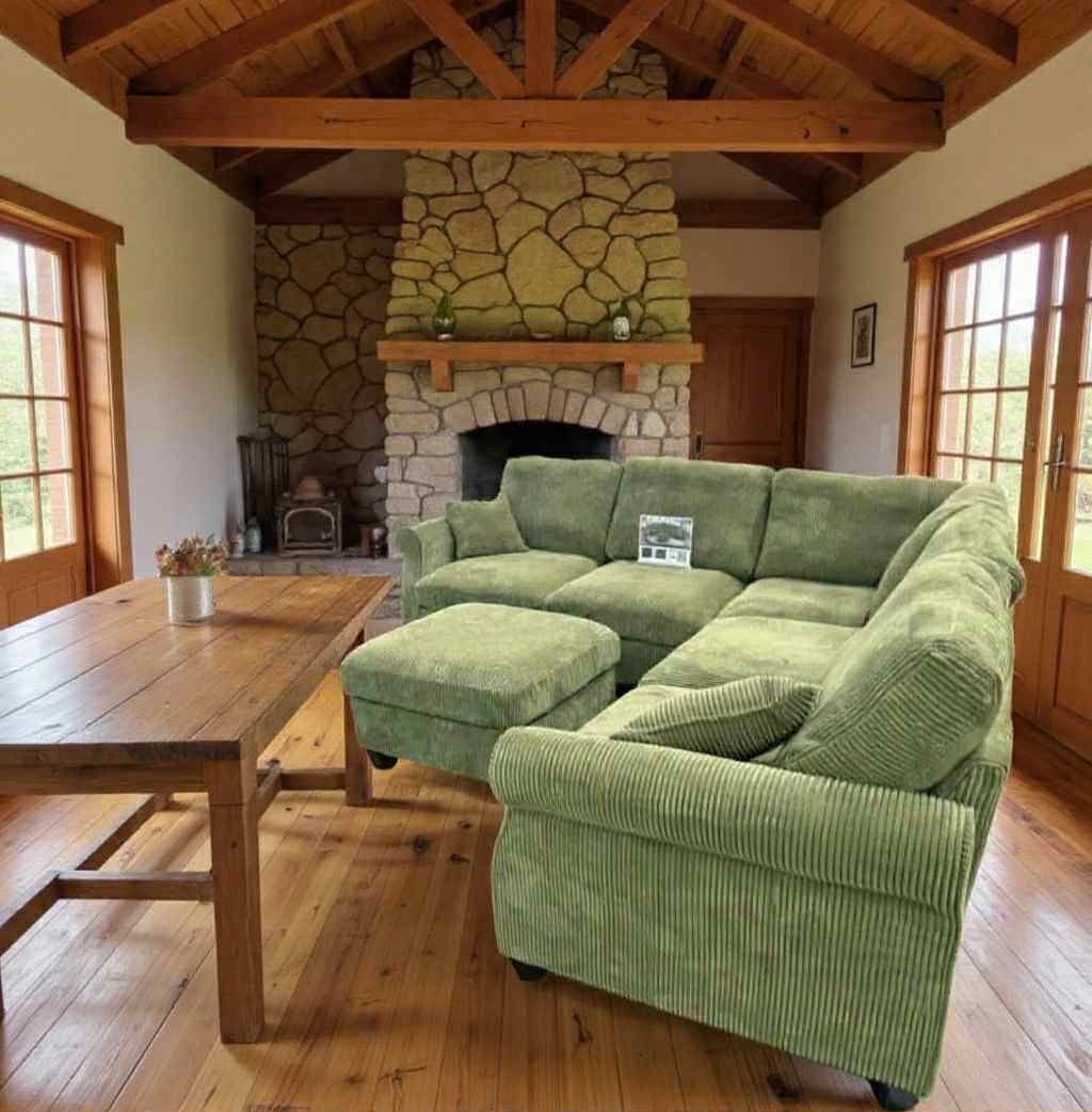 New 99x99 Sage Corduroy Sectional Couch With Ottoman / Free Delivery 