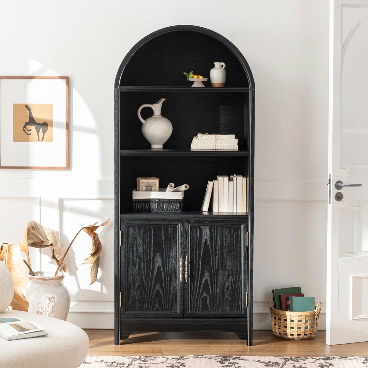 71" Solid Wood Arched Storage Cabinet | Freestanding Pantry with Doors | Vintage Bookcase for Kitchen, Living Room, Home Office | Natural Wood Veneers