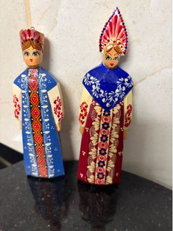 Two Russian Wooden Hand Made& Hand Painted Folk Art Ornament Doll