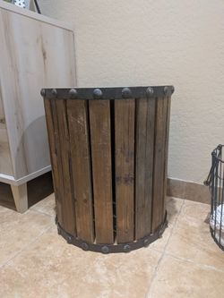 Beautiful, rustic unique Wood Wooden Brown Table Round Side End Table With Metal Trim