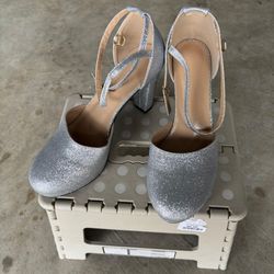 Silver Glitter T-Strap Pumps