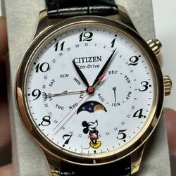 Disney Moon Phase Exhibit Citizen Eco-Drive Mickey White Men'S Watch Leather Bla