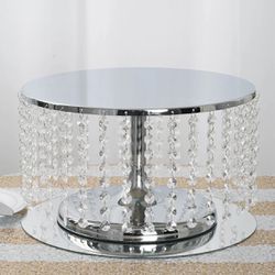 Metallic Silver Cake Stand, Cupcake Dessert Pedestal With Crystal Chains 14" Round 8" Tall