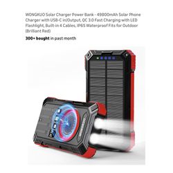 Brand new Solar Charger Power Bank - 49800mAh Solar Phone Charger with USB-C in/Output, QC 3.0 Fast Charging with LED Flashlight, Built-in 4 Cables, I