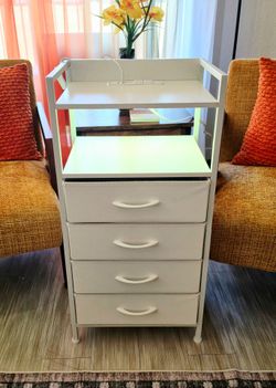 White Side Table/Nightstand w/ Built‑In Power Outlets,  USB Ports & 4 Drawers