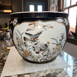 Extra Large Vintage Asian Oriental Ceramic Fish Bowl Planter