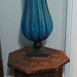 Vintage Blue Hand Blown Glass With Wrought Iron Base Dating Mid 20th century ,+ Carved & Inlaid Accent Table Base & Top Fitting Detailed Leaf Decorati