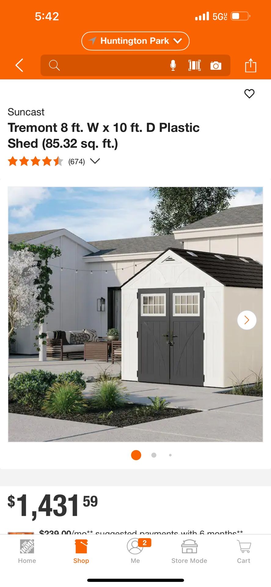 Suncast Tremont 8 ft. W x 10 ft. D Plastic Shed (85.32 sq. ft.)
