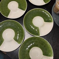 MCM Portuguese Artichoke Majolica Plates Green White Portugal RARE Set of 5