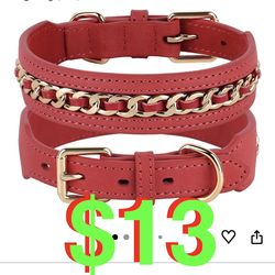 Genuine Leather Dog Collars,Braided Dog Collar Leather Stylish & Durable Metal Chain Pet Collar for Medium Large Dogs,Red,M