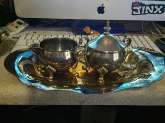 Sheridan Taunton Silvermiths LTD footed sugar bowl, creamer and serving tray