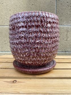 6” Round Textured Glazed Ceramic Pot Planter With Saucer