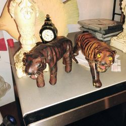 2 Tigers Made Of Wood About 7 In L+ 5 In H