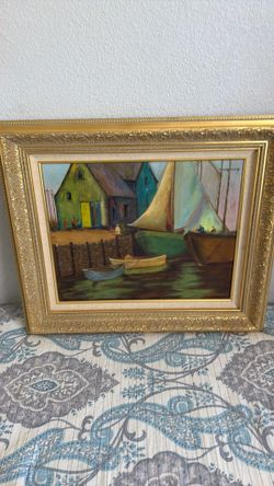 Framed Oil Painting Harbor Scene
