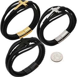 316L Stainless Steel 18k Yellow Gold Plated Black Rhodium 20mm Cross Leather Bracelet 8.5”