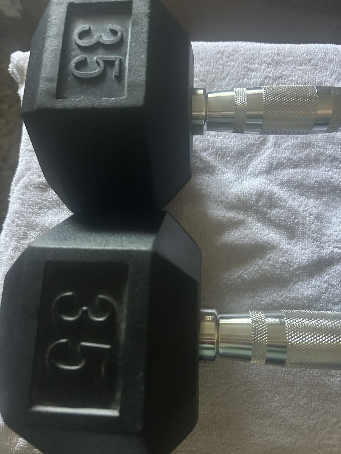 A Pair Of 35 Hex Dumbbells