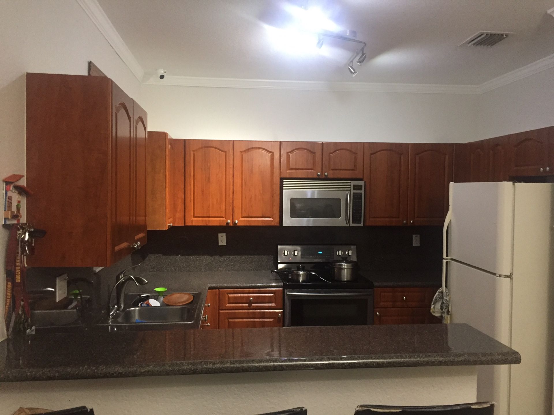 Kitchen cabinets with counter top and backsplash