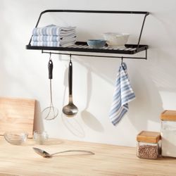 Metal Utility Shelf with Hooks Black - Brightroom™: Iron Wall Storage, Wire Floating Shelf, 15lb Capacity