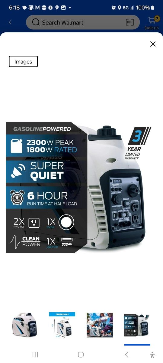 Pulsar 2,300W ( PG2300iS) Portable Gas-Powered Inverter Generator with USB Outlet & Parallel Capability