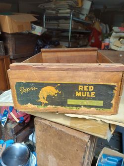 Antique red mule wooden pepper crate